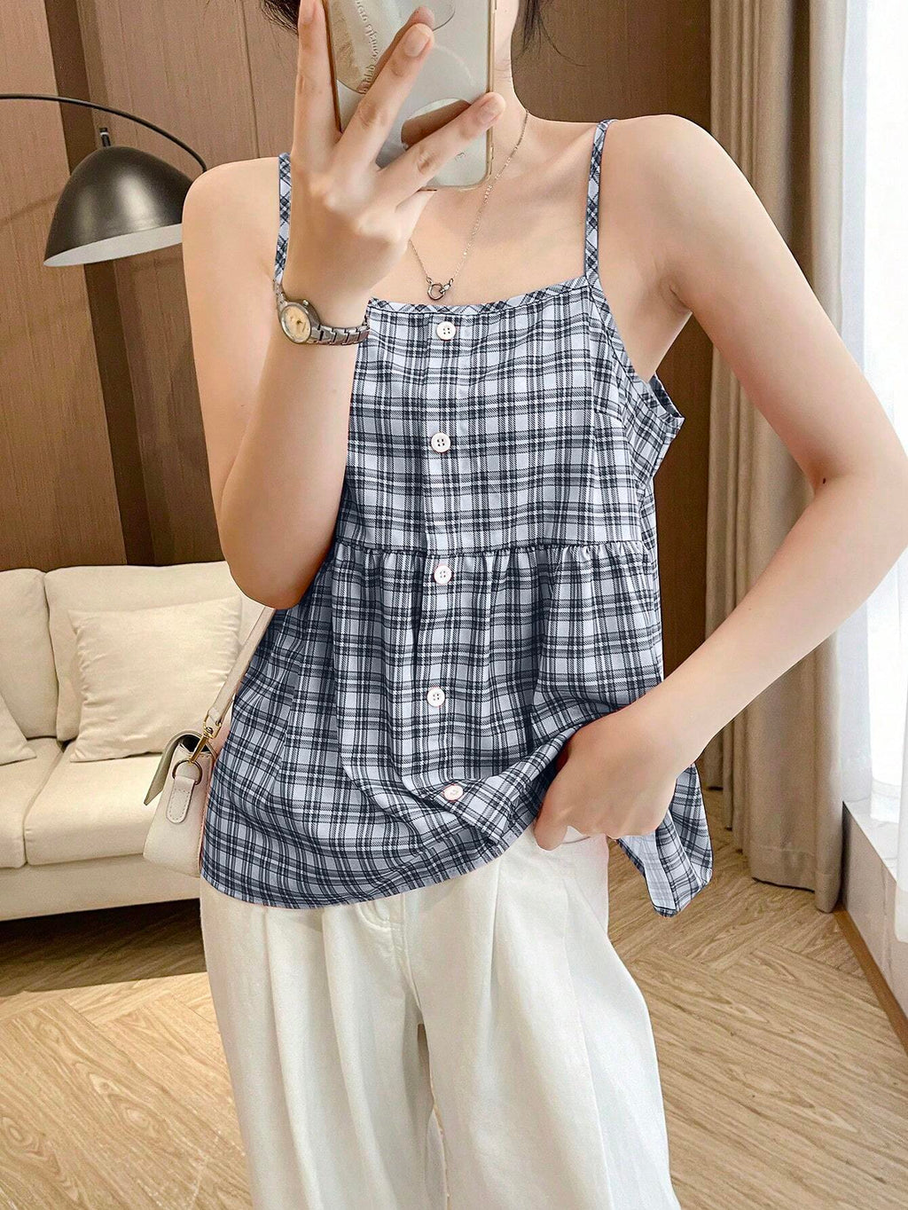 SHEIN LUNE Women's Summer Casual Plaid Pattern Front Button Strap Dress Graphic Tees Women Tops