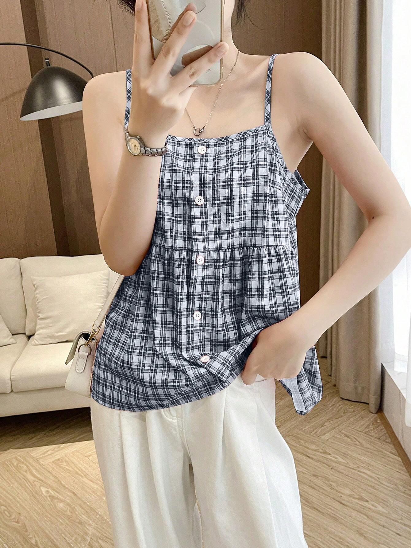 SHEIN LUNE Women's Summer Casual Plaid Pattern Front Button Strap Dress Graphic Tees Women Tops