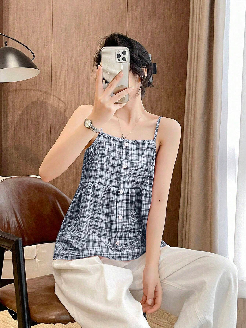 SHEIN LUNE Women's Summer Casual Plaid Pattern Front Button Strap Dress Graphic Tees Women Tops