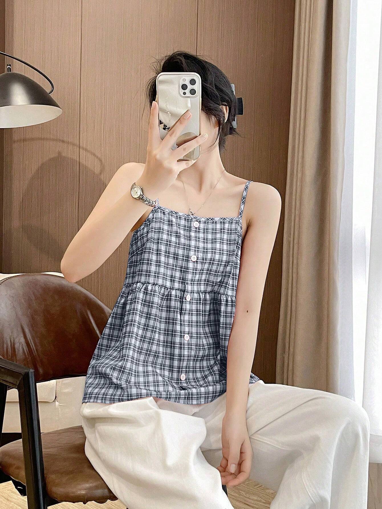 SHEIN LUNE Women's Summer Casual Plaid Pattern Front Button Strap Dress Graphic Tees Women Tops