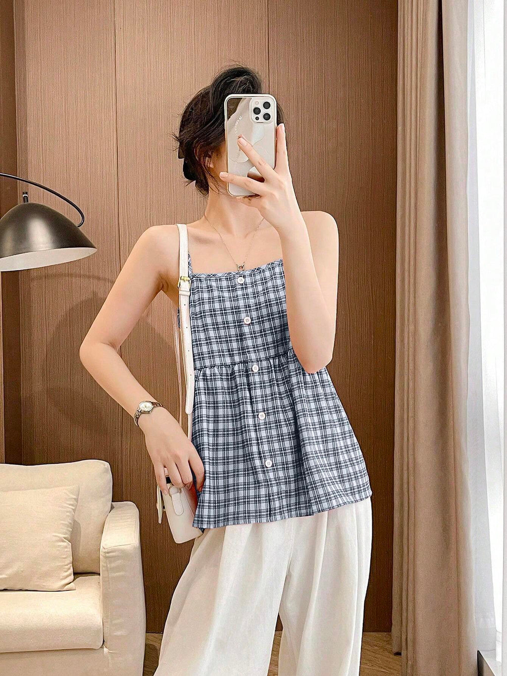 SHEIN LUNE Women's Summer Casual Plaid Pattern Front Button Strap Dress Graphic Tees Women Tops