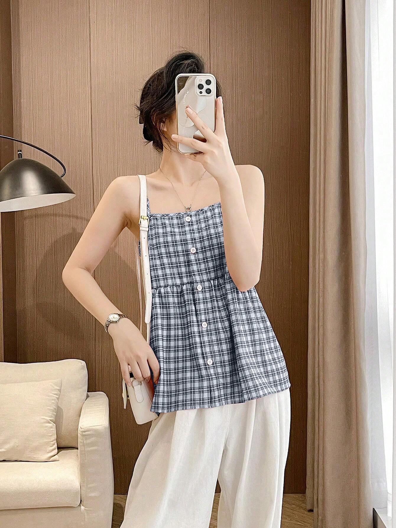 SHEIN LUNE Women's Summer Casual Plaid Pattern Front Button Strap Dress Graphic Tees Women Tops