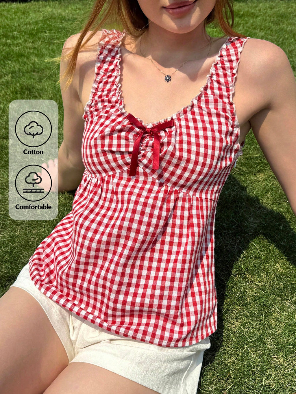 SHEIN EZwear Women's Summer Clothing Sweet Vacation Red And White Plaid Top Smocked Top With Bow Decoration