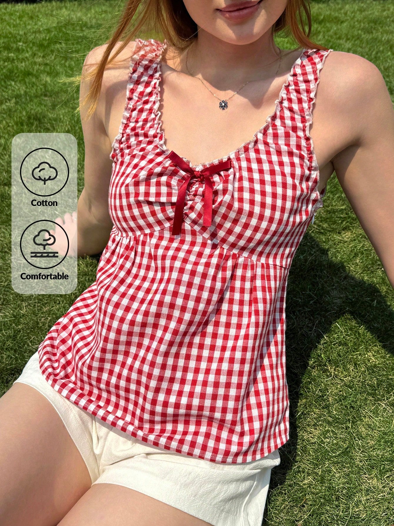 SHEIN EZwear Women's Summer Clothing Sweet Vacation Red And White Plaid Top Smocked Top With Bow Decoration
