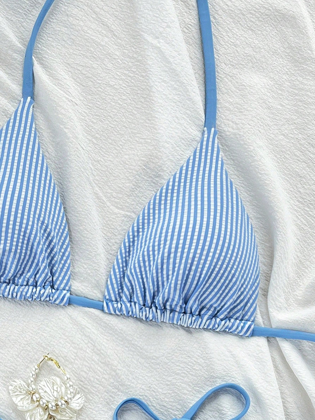 Swim Mod 2pcs/Set New Crinkle Striped Halter Tie Side High Cut Spaghetti Strap Bikini Swimwear, Blue & White Beach Vacation Women Swimwear For Summer