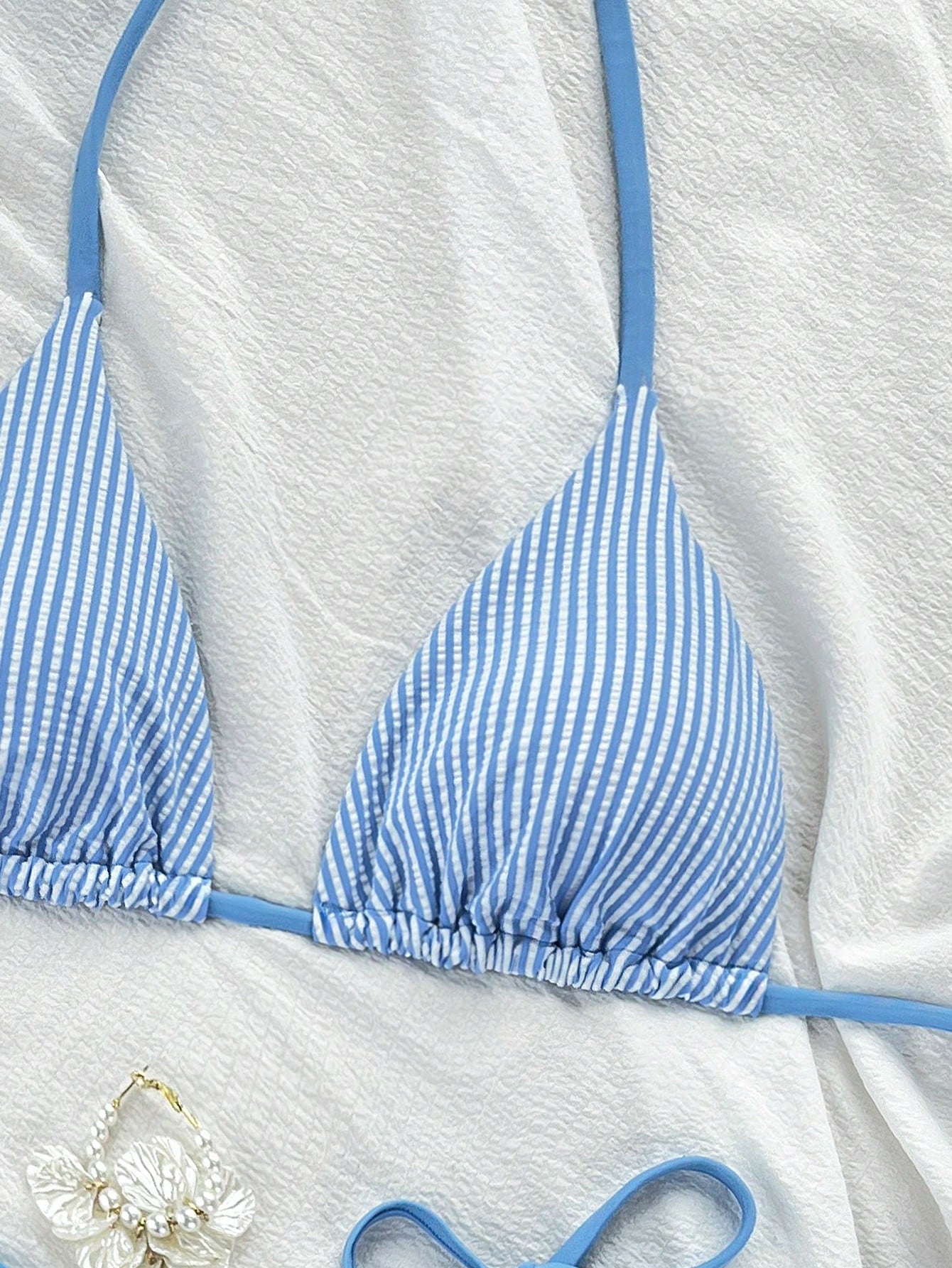 Swim Mod 2pcs/Set New Crinkle Striped Halter Tie Side High Cut Spaghetti Strap Bikini Swimwear, Blue & White Beach Vacation Women Swimwear For Summer