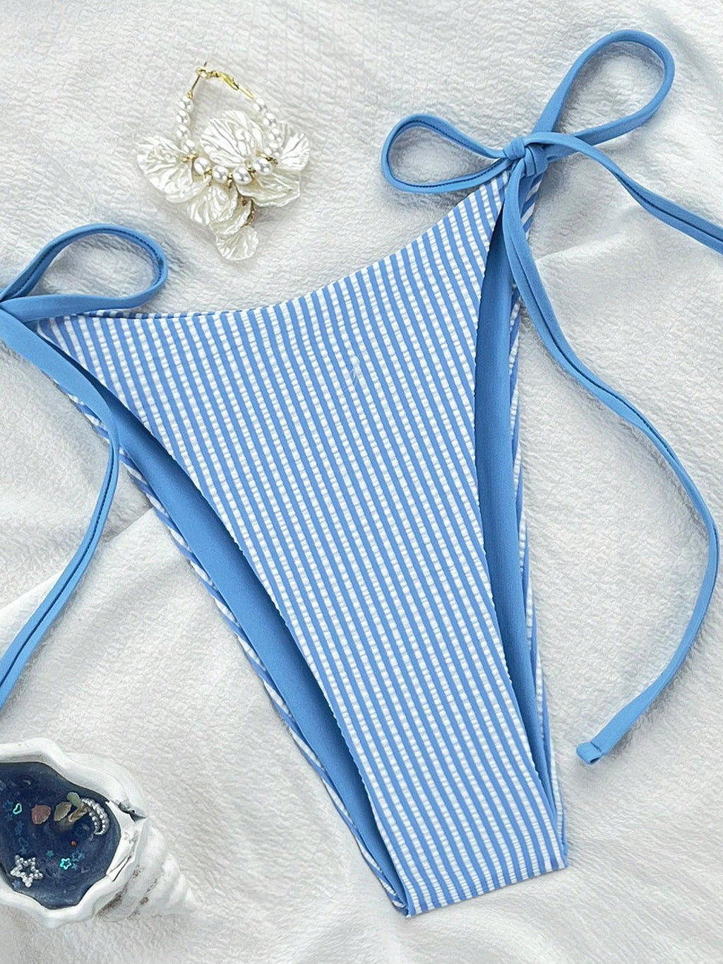 Swim Mod 2pcs/Set New Crinkle Striped Halter Tie Side High Cut Spaghetti Strap Bikini Swimwear, Blue & White Beach Vacation Women Swimwear For Summer