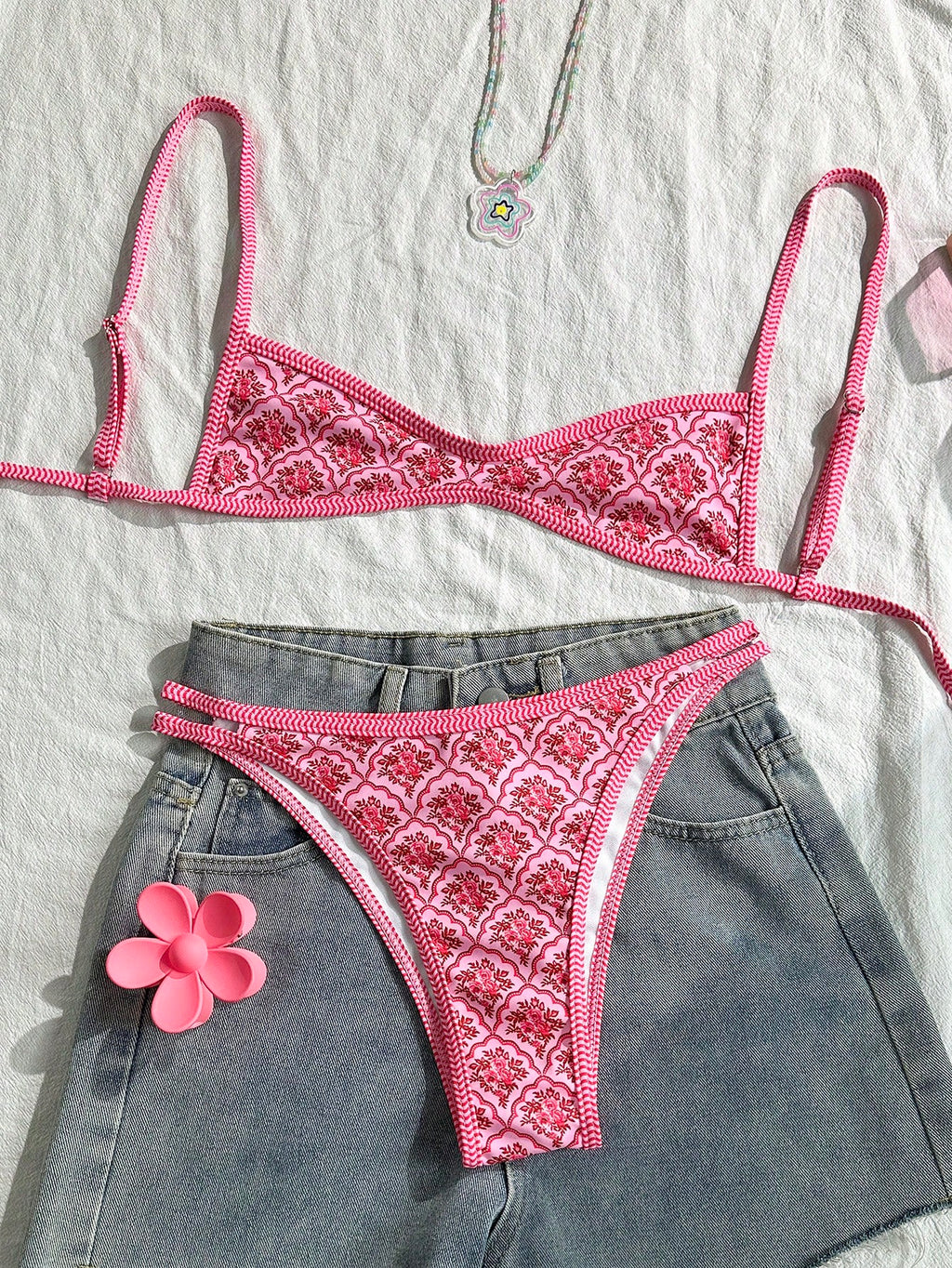 Swim Mod Women's Summer Spaghetti Strap Sexy Bikini Vacation Tights Casual Printed Random Two Pieces Swimsuit