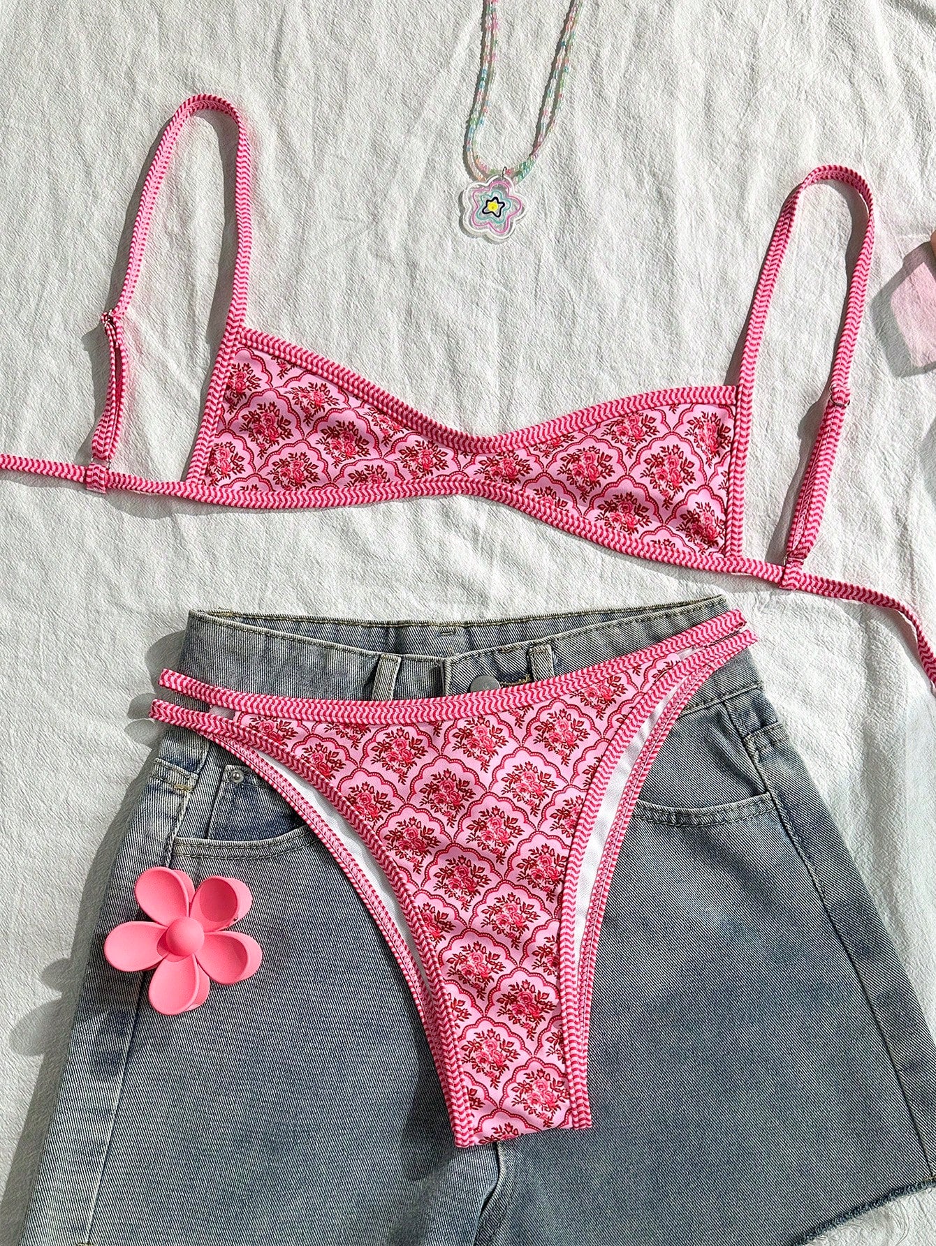 Swim Mod Women's Summer Spaghetti Strap Sexy Bikini Vacation Tights Casual Printed Random Two Pieces Swimsuit