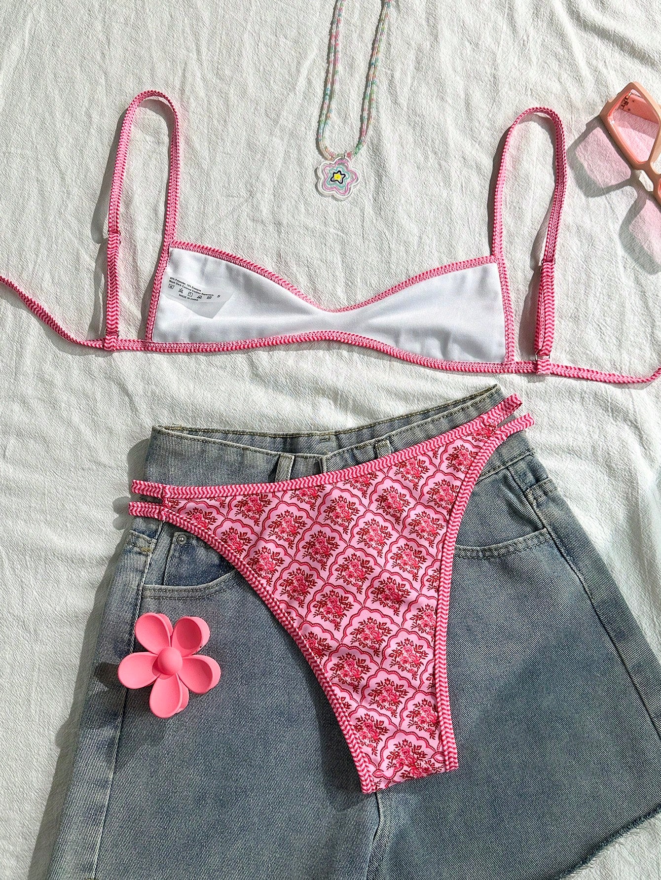 Swim Mod Women's Summer Spaghetti Strap Sexy Bikini Vacation Tights Casual Printed Random Two Pieces Swimsuit