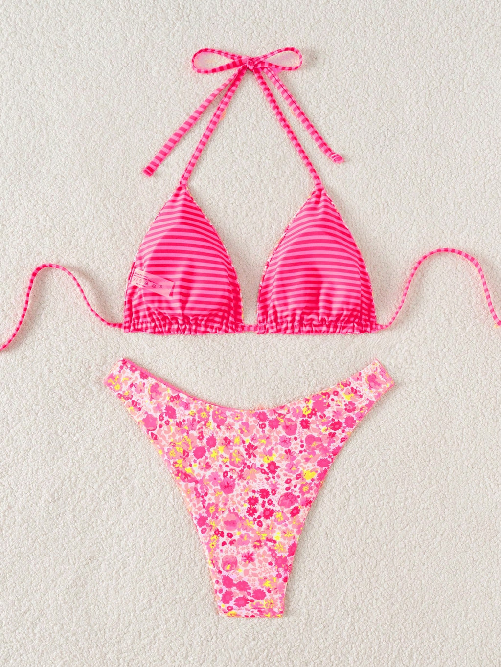 Swim Mod 2pcs/Set Women Cute Random Floral Print Reversible Halter Top And Adorable Bottoms Bikini Swimsuit Set, Holiday & Beach For Summer Beach Vacation