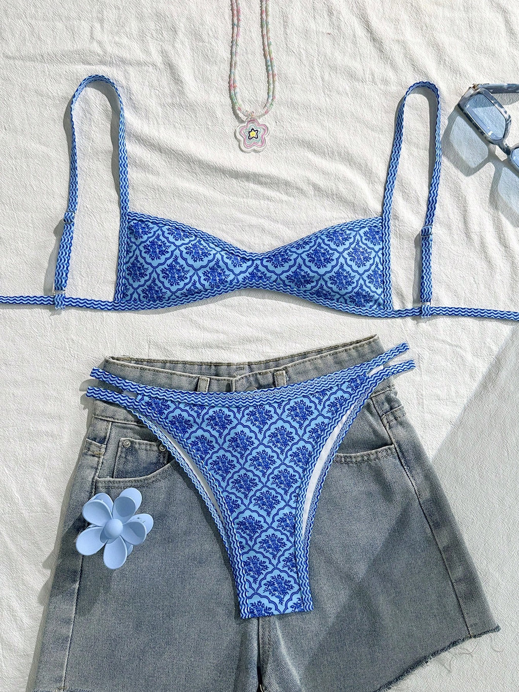 Swim Mod Women's Summer Spaghetti Strap Sexy Bikini Vacation Tights Casual Printed Random Two Pieces Swimsuit