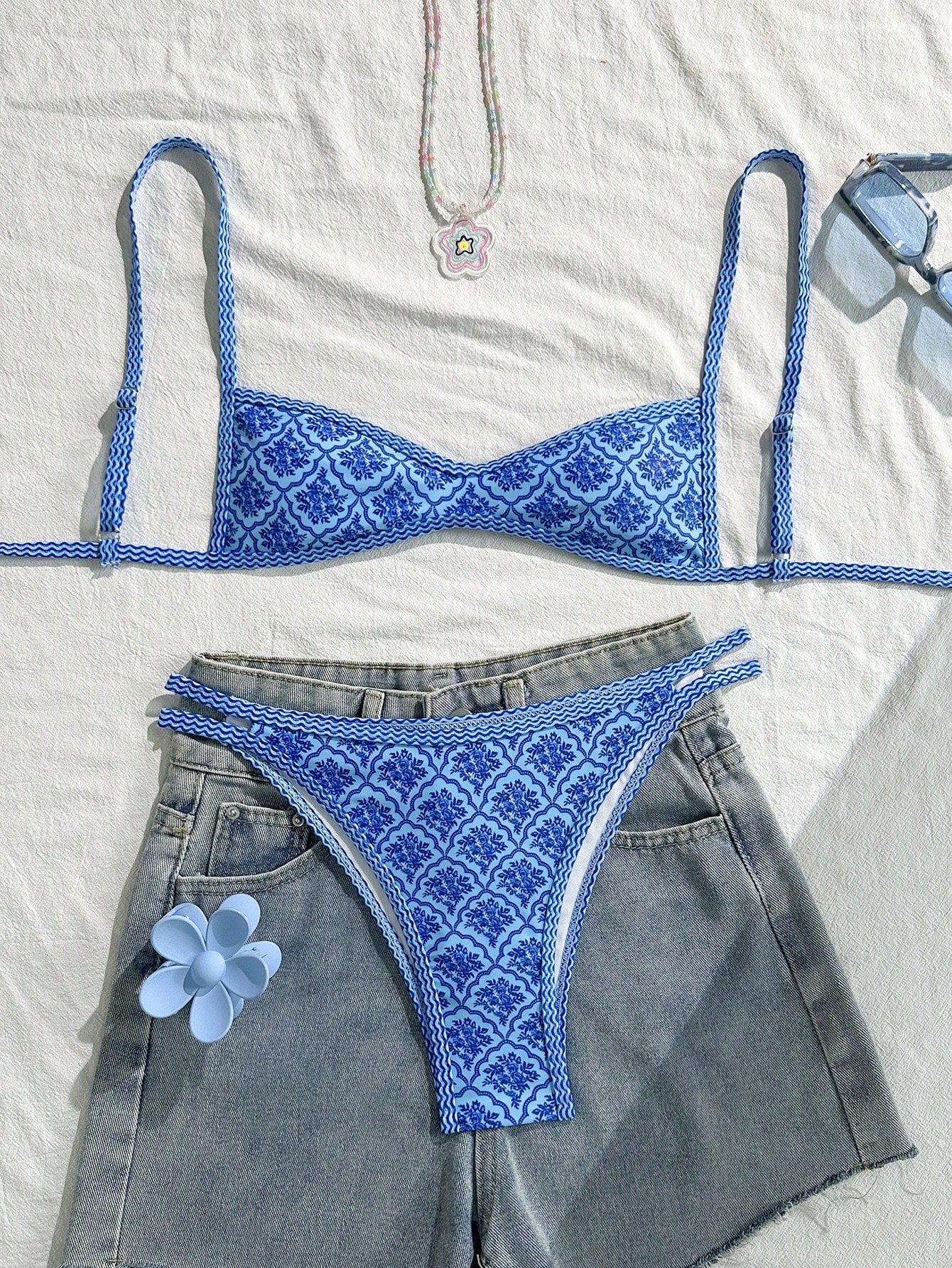 Swim Mod Women's Summer Spaghetti Strap Sexy Bikini Vacation Tights Casual Printed Random Two Pieces Swimsuit