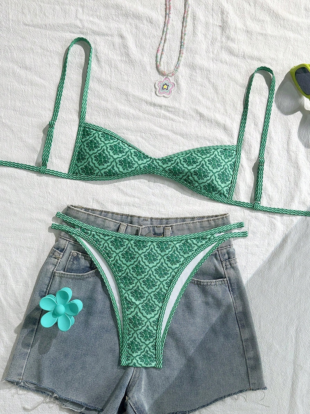 Swim Mod Women's Summer Spaghetti Strap Sexy Bikini Vacation Tights Casual Printed Random Two Pieces Swimsuit