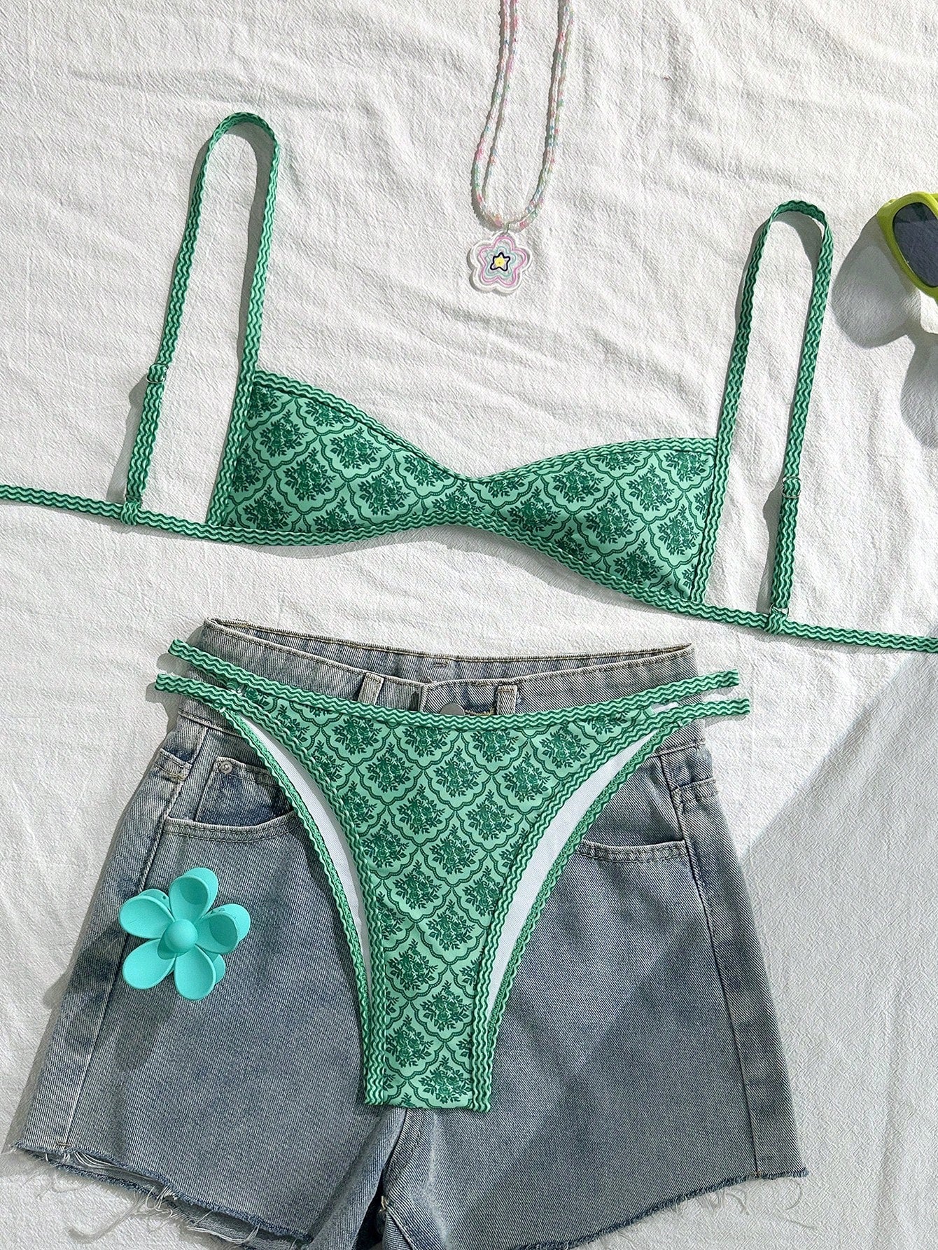 Swim Mod Women's Summer Spaghetti Strap Sexy Bikini Vacation Tights Casual Printed Random Two Pieces Swimsuit