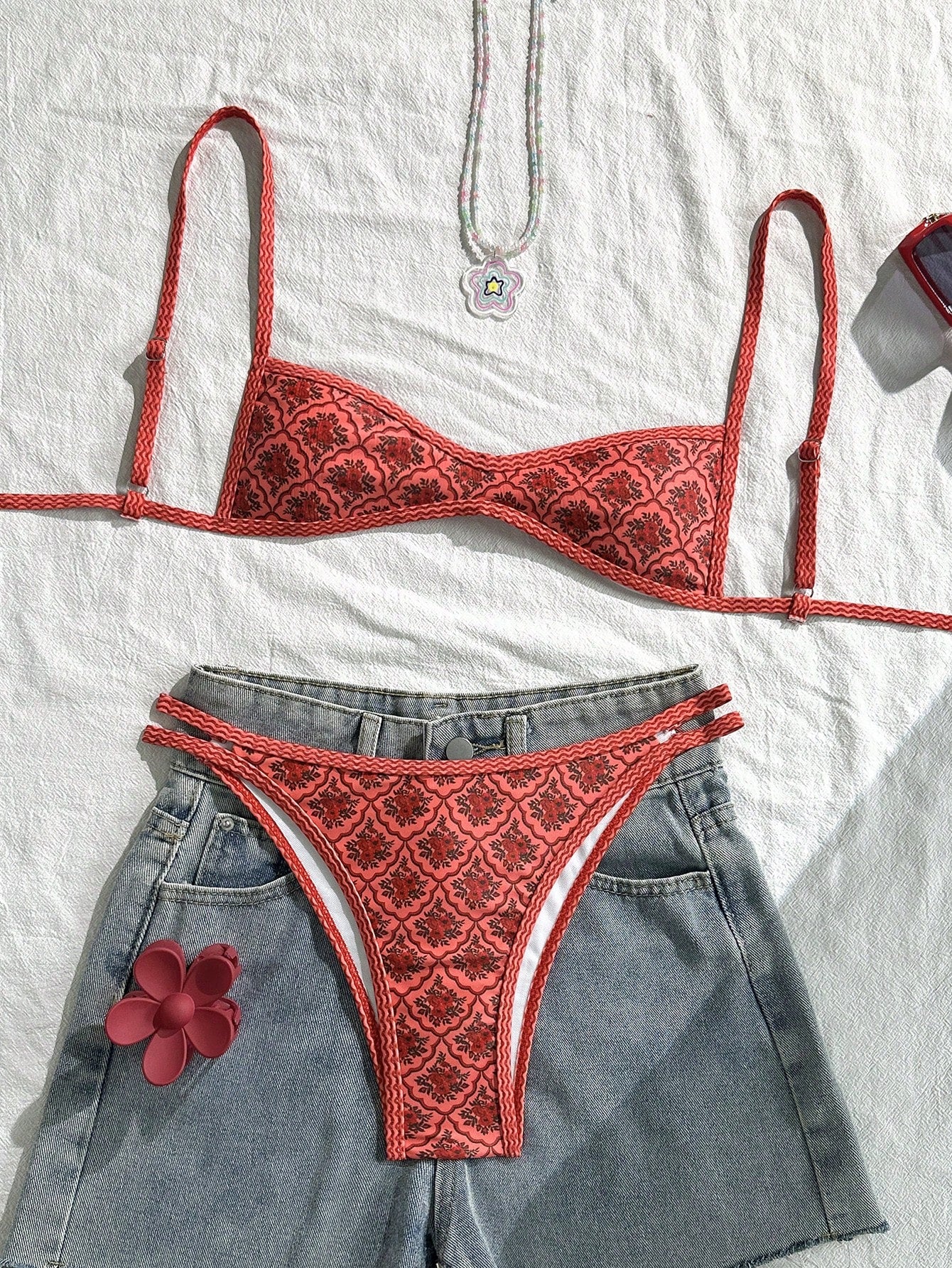 Swim Mod Women's Summer Spaghetti Strap Sexy Bikini Vacation Tights Casual Printed Random Two Pieces Swimsuit