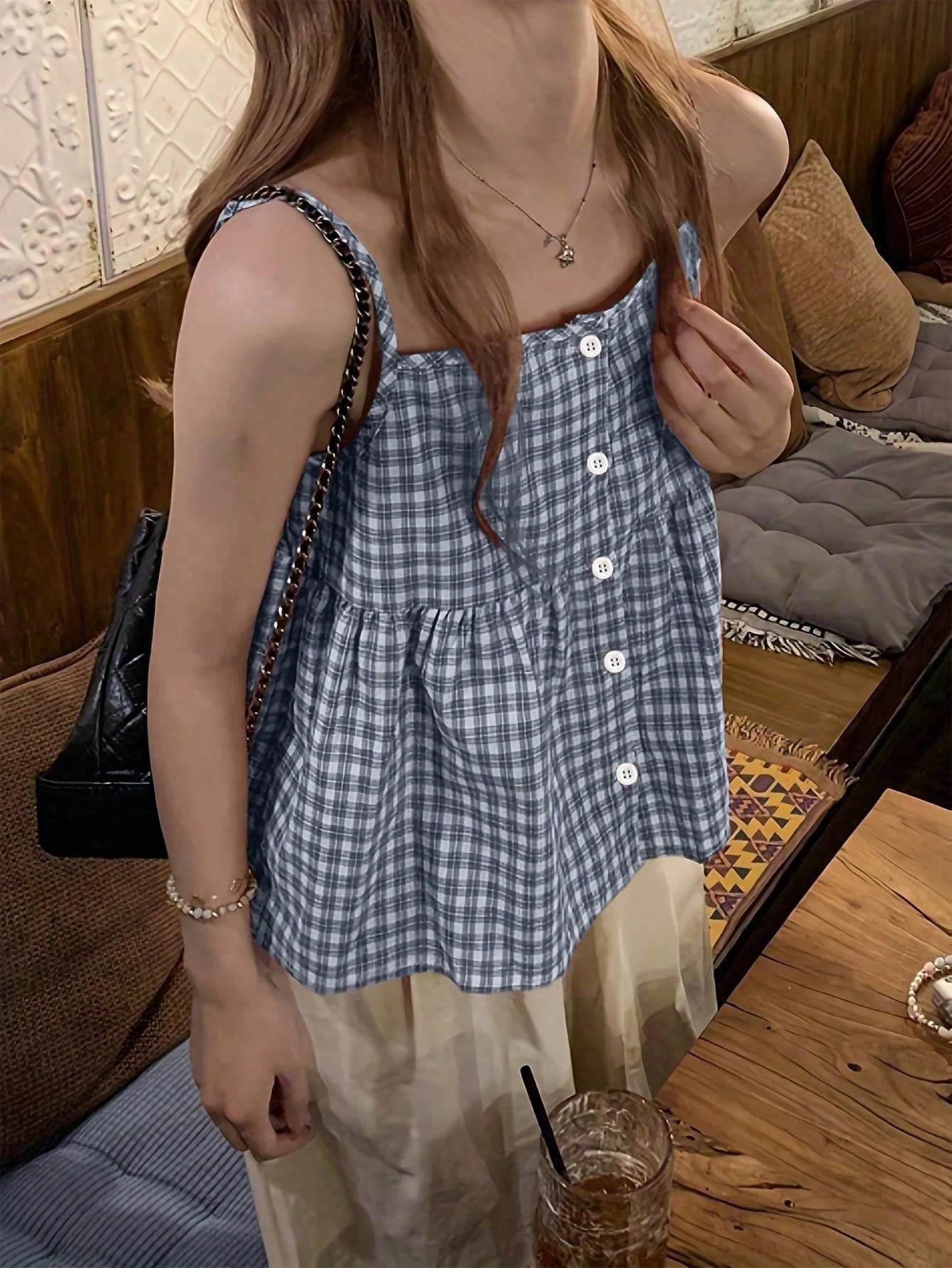 SHEIN LUNE Women's Summer Casual Plaid Pattern Front Button Strap Dress Graphic Tees Women Tops