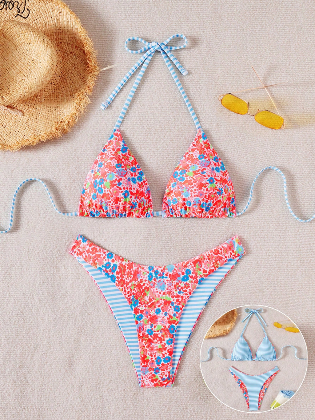 Swim Mod 2pcs/Set Women Cute Random Floral Print Reversible Halter Top And Adorable Bottoms Bikini Swimsuit Set, Holiday & Beach For Summer Beach Vacation