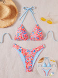Swim Mod 2pcs/Set Women Cute Random Floral Print Reversible Halter Top And Adorable Bottoms Bikini Swimsuit Set, Holiday & Beach For Summer Beach Vacation