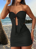 INAWLY Women's Summer New Bandeau Top With Ruffle Hem Asymmetrical Design And Ruched Mini Skirt Sexy 2 Pieces Set